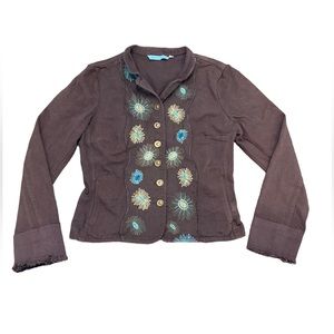 Johnny Was Brown Floral Embroidered Denim Jacket Size Medium